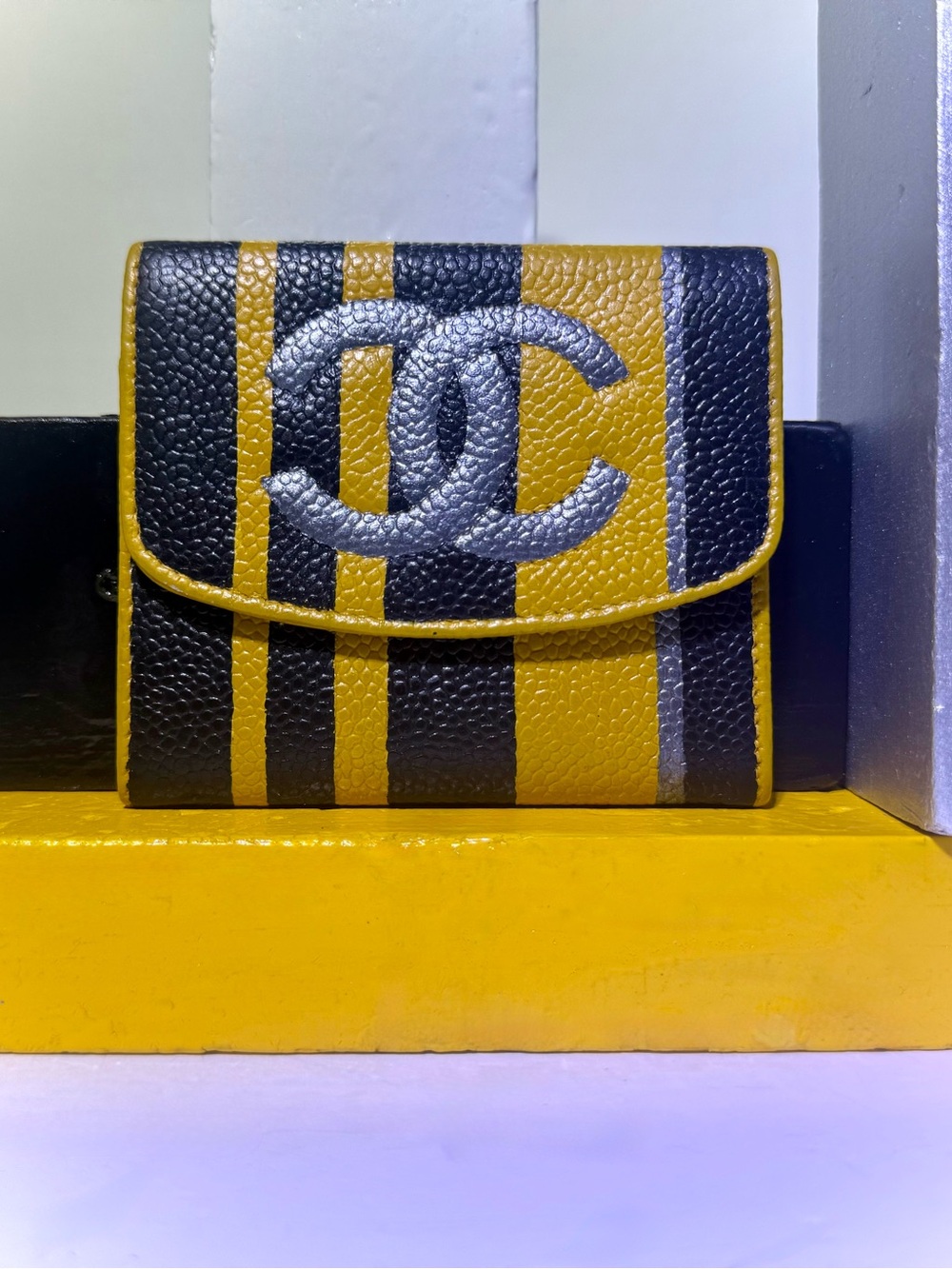 *CUSTOM* CHANEL CC (Queen Bee) Yellow, Black & Silver Striped Wallet/Cardholder